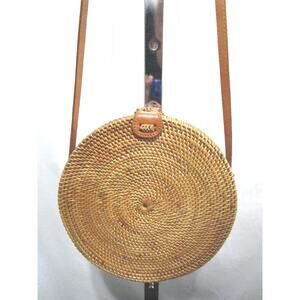Straw Studios Bali Round Rattan & Leather Hand Woven Crossbody Circle Bag Purse